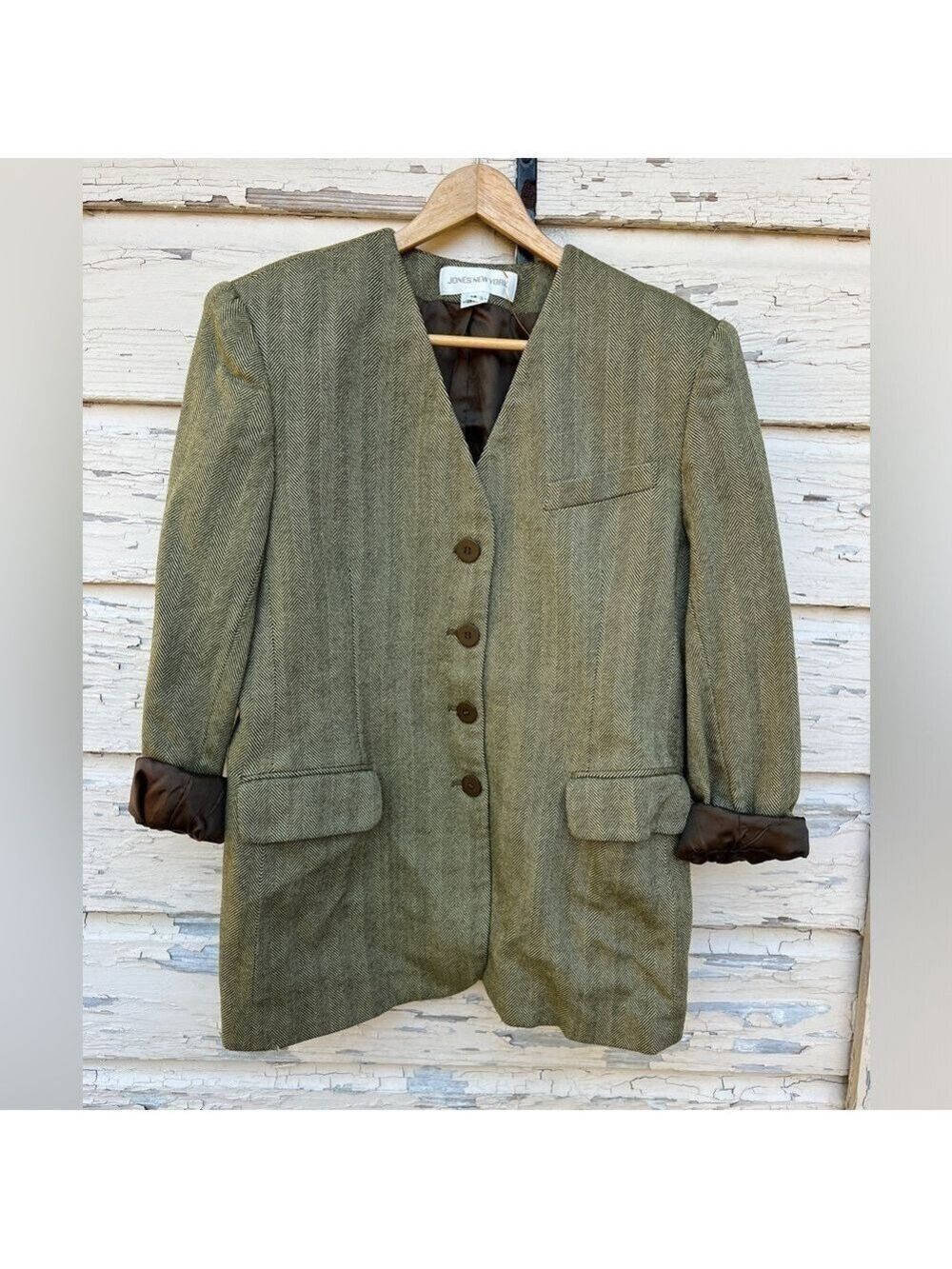 Vintage 80s Jones New York 100% Wool Herringbone Button-down Blazer 14 USA